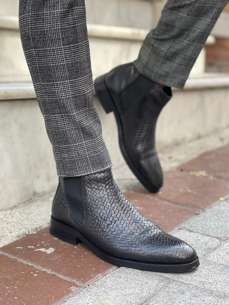 Remy Black Woven Leather Chelsea Boots