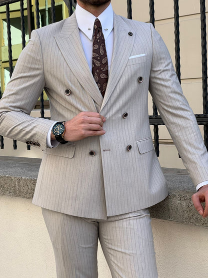 Edmond Beige Double Breasted Pinstripe Wool Suit