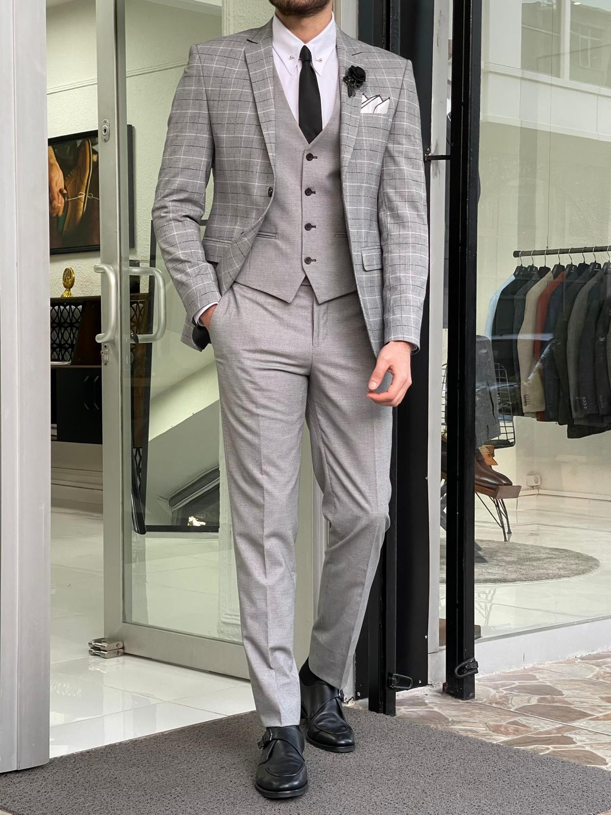 Hazel Gray Slim Fit Peak Lapel Plaid Wool Suit