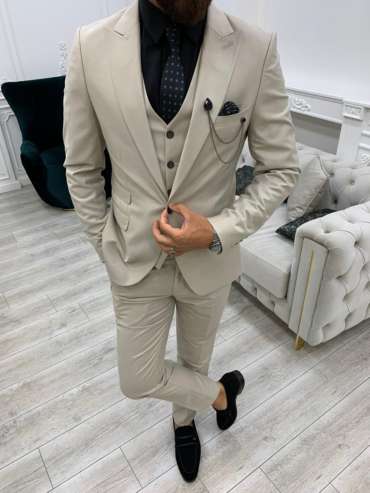 Eros Beige Slim Fit Peak Lapel Suit