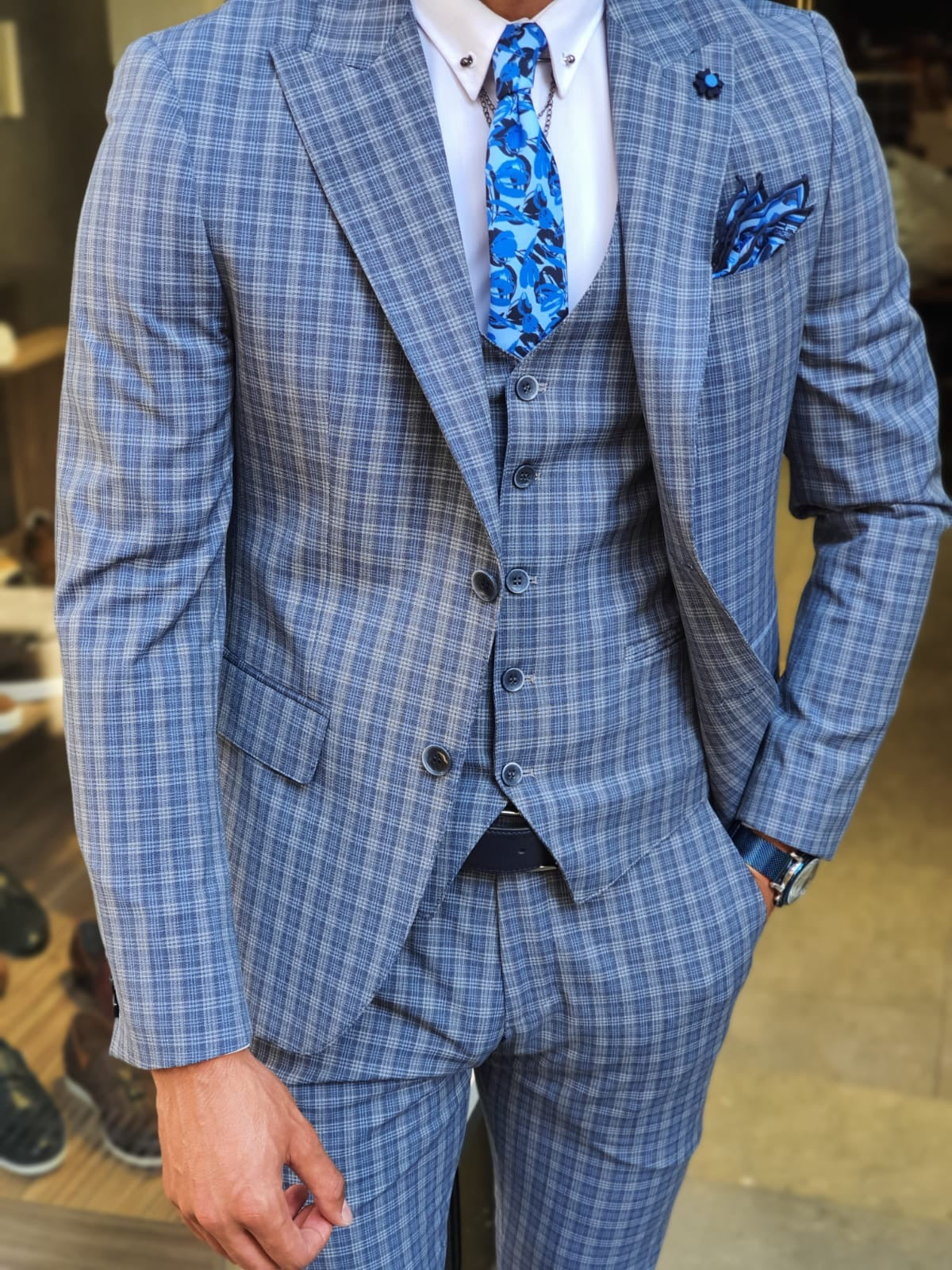 New Bern Navy Blue Slim Fit Check Suit