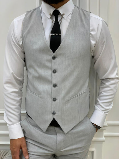 Barrua Light Gray Slim Fit Peak Lapel Striped Suit