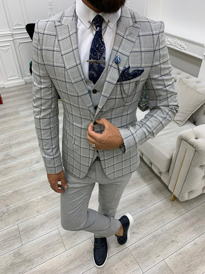 Olympia Gray Slim Fit Peak Lapel Plaid Suit
