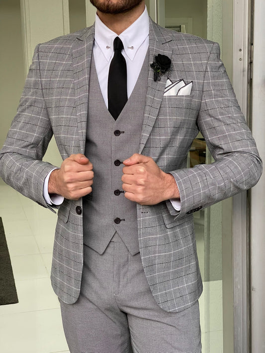 Hazel Gray Slim Fit Peak Lapel Plaid Wool Suit