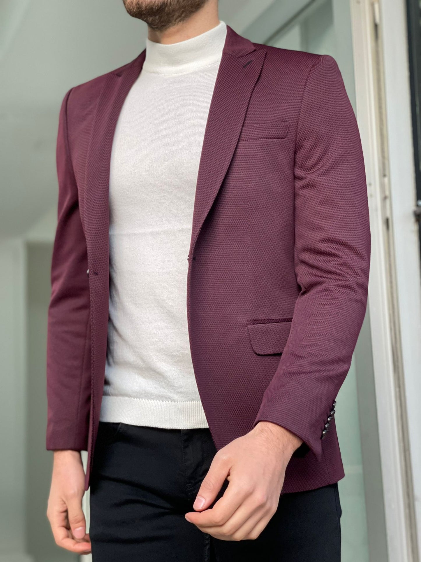 Hazel Burgundy Slim Fit Peak Lapel Wool Blazer