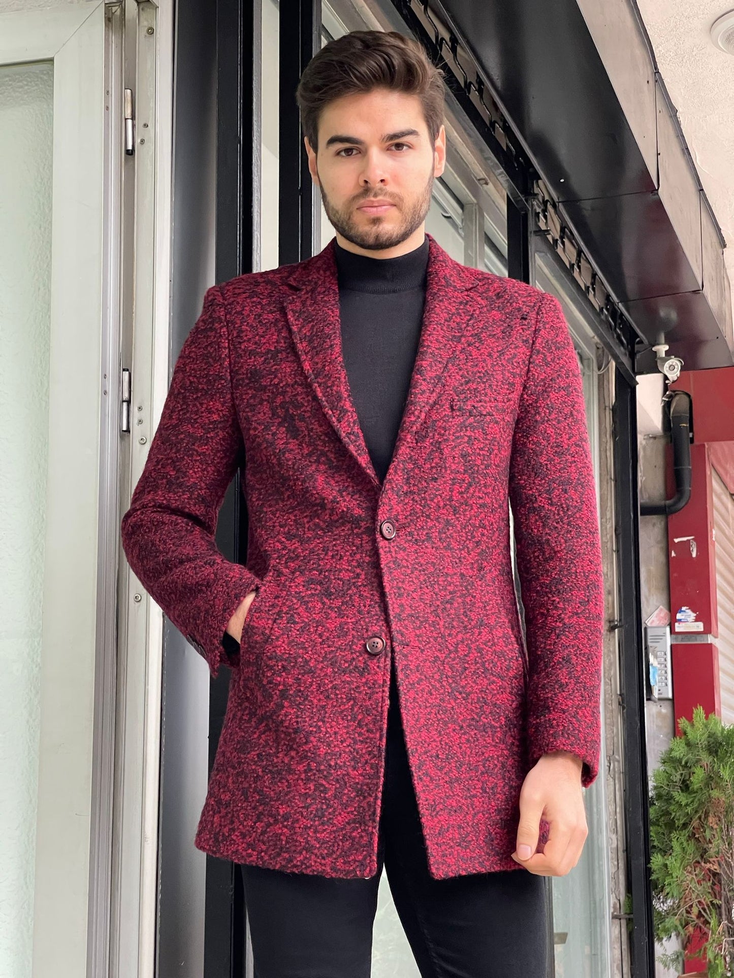 Davis Red Patterned Wool Coat