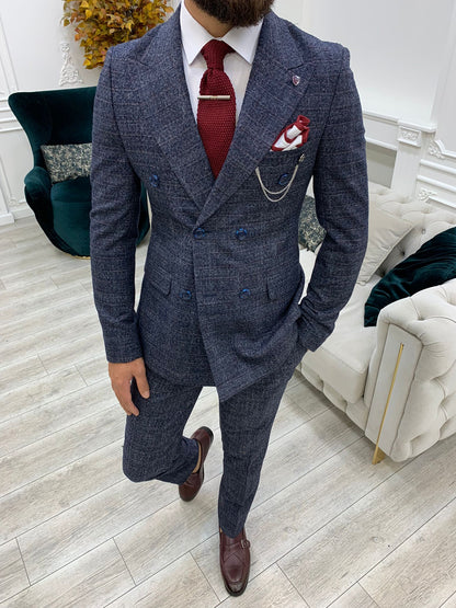 Vince Navy Blue Slim Fit Double Breasted Suit
