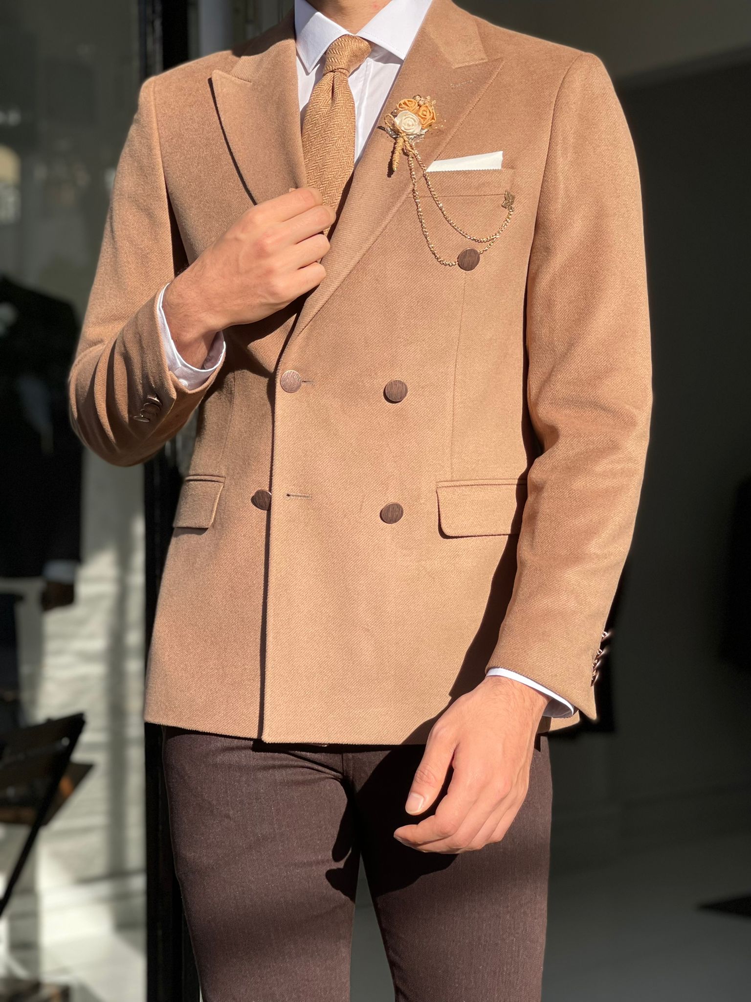 Remy Beige Slim Fit Double Breasted Wool Blazer – BRABION