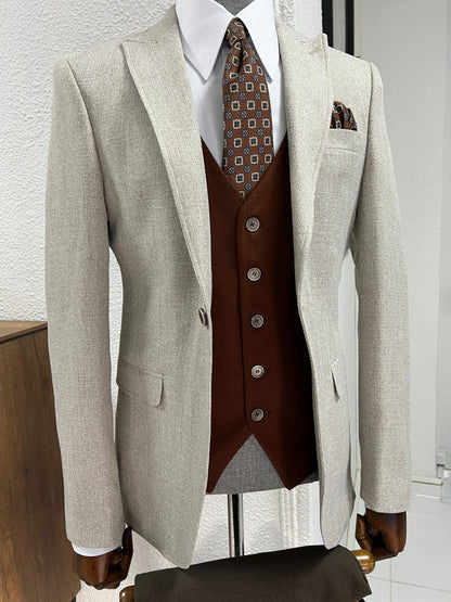 Lenzi Slim Fit Pointed Collared Beige Combination Suit