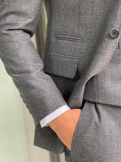 Sarpa Gray Slim Fit Peak Lapel Plaid Wool Suit