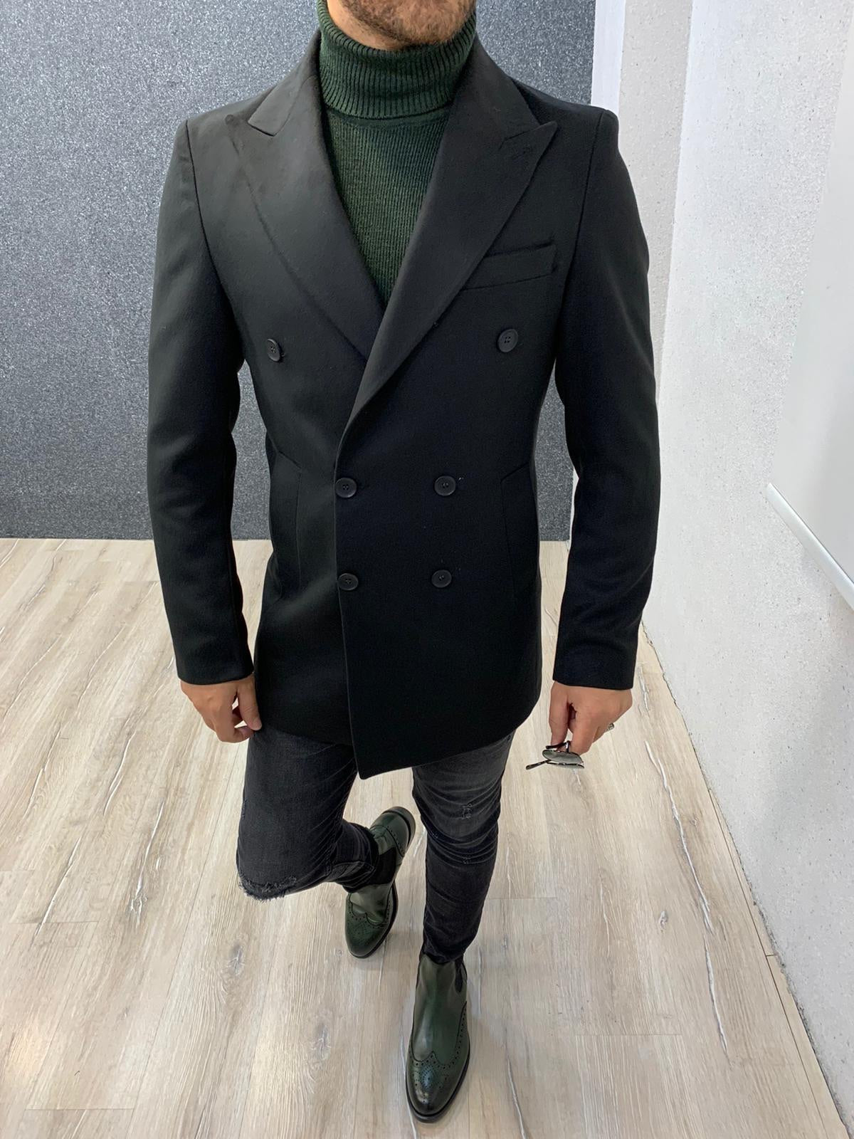 Ade Black Slim Fit Long Coat