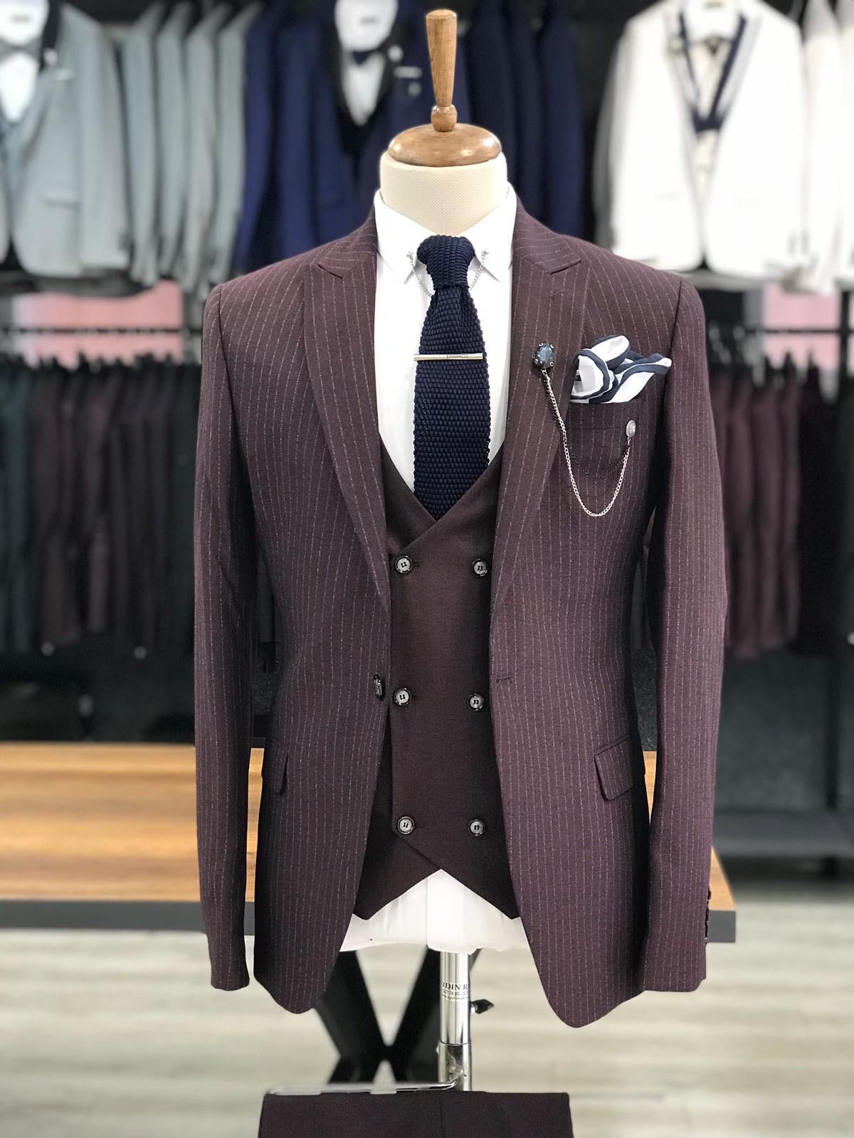 London Burgundy Slim Fit Pinstripe Suit