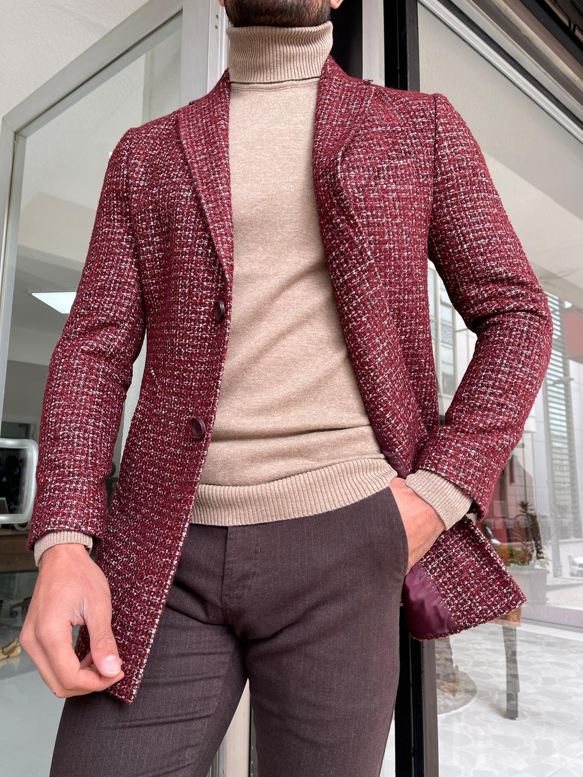 Melbourne Burgundy Slim Fit Wool Long Coat
