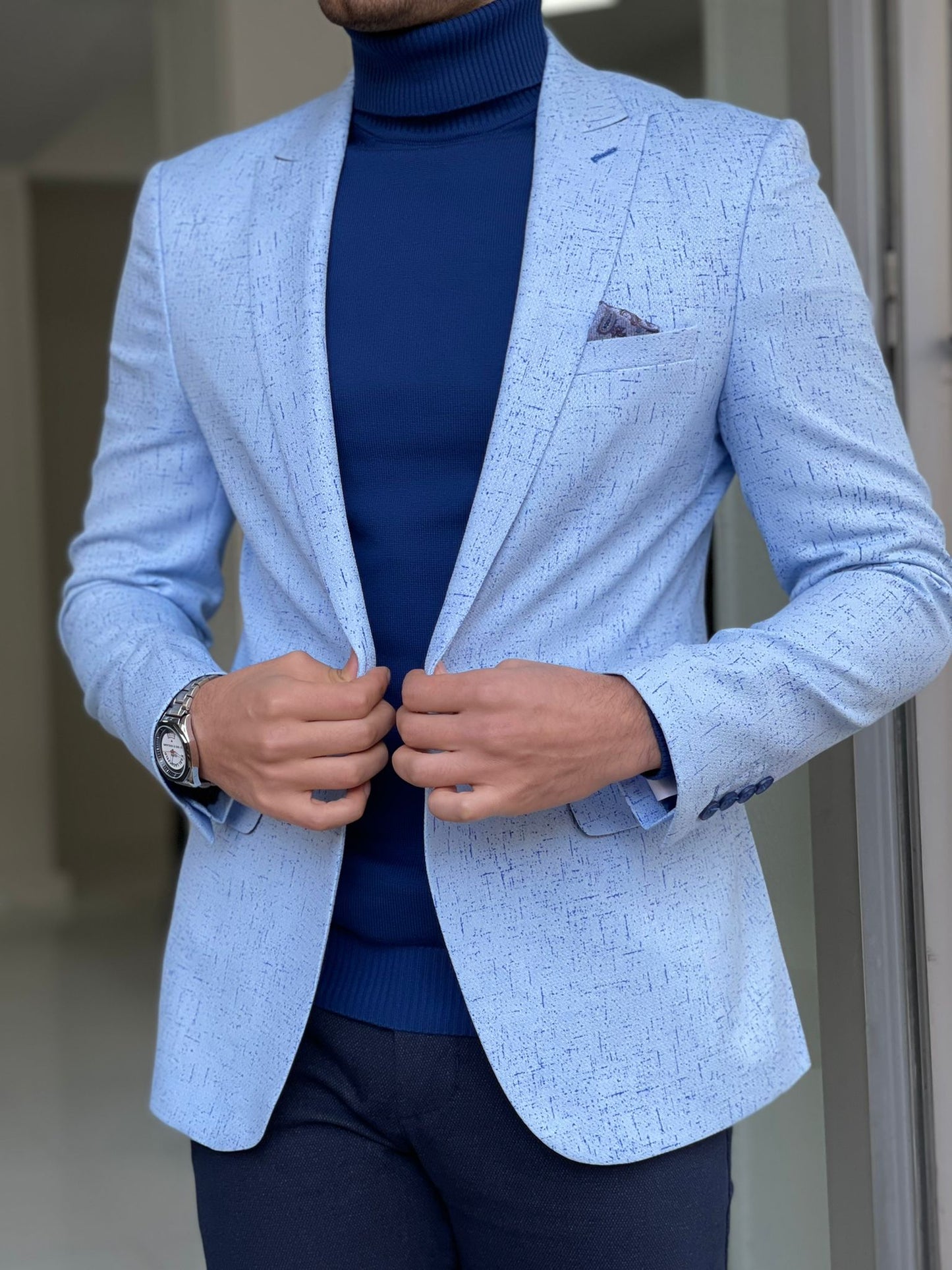 Remy Blue Slim Fit Patterned Linen Blazer