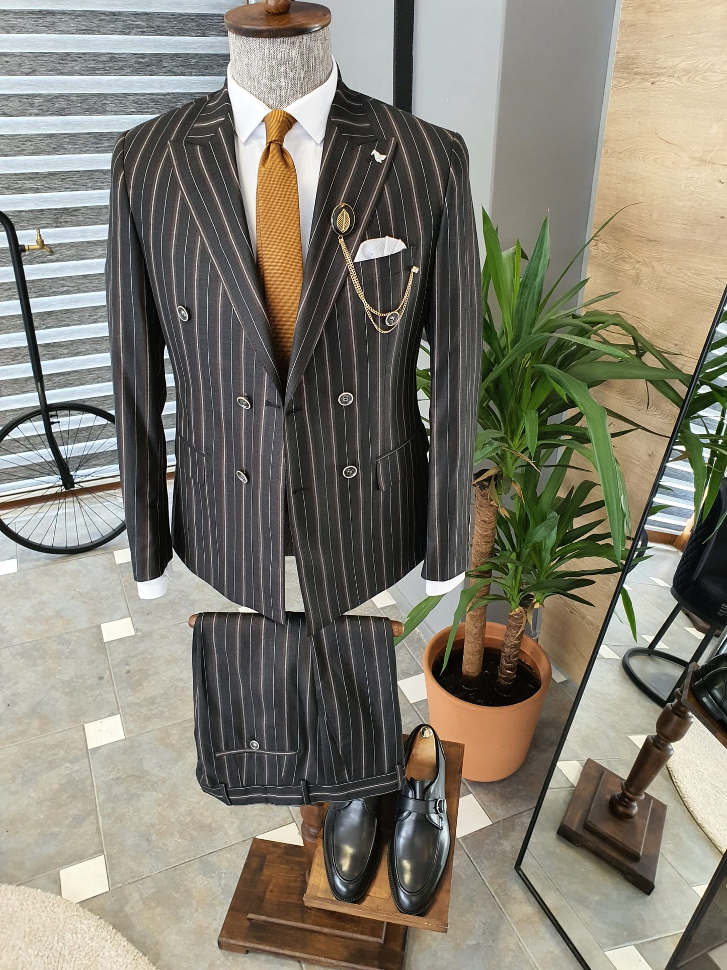 Berton Black Slim Fit Double Breasted Pinstripe Suit