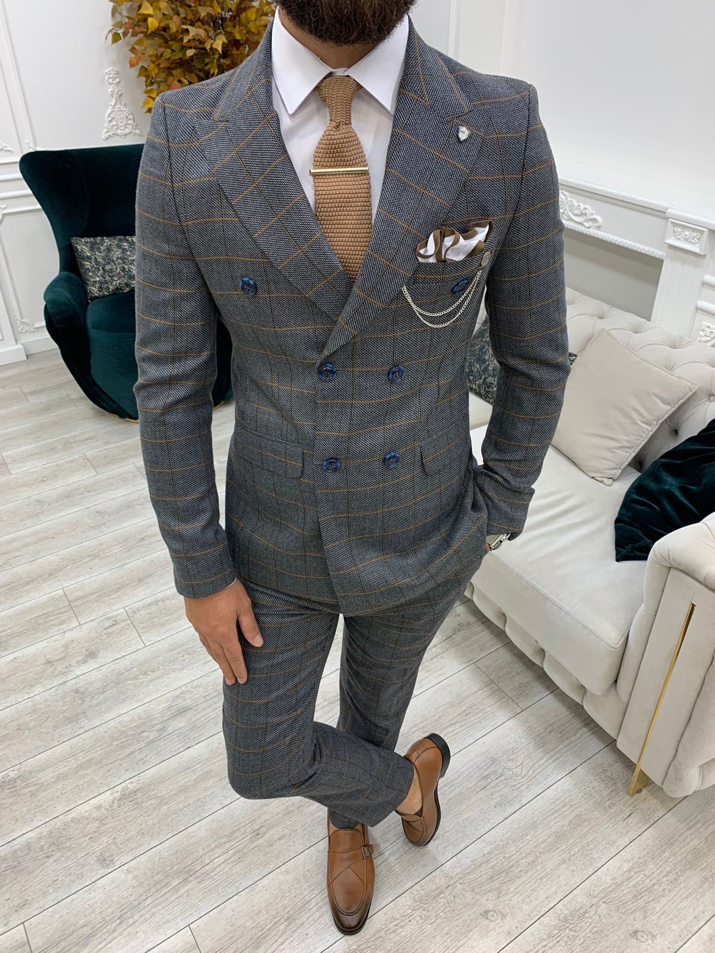 Rosario Dark Gray Slim Fit Double Breasted Plaid Suit