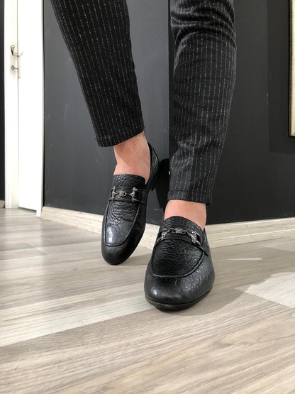 Ferrar Buckled Black Leather Loafers