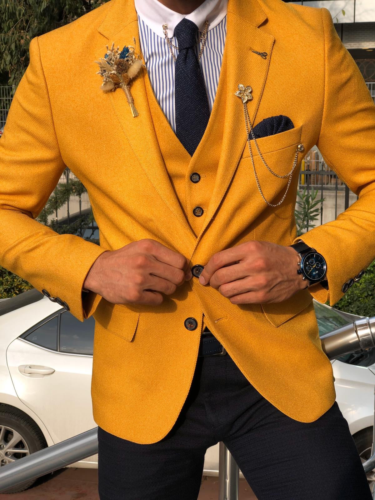 New Spring Summer Yellow Men Suits Jacket Slim Fit 3 Piece/Solid Blazer  Vest Pants Outfits/Wedding Prom Casual Men'S Clothes Set - AliExpress