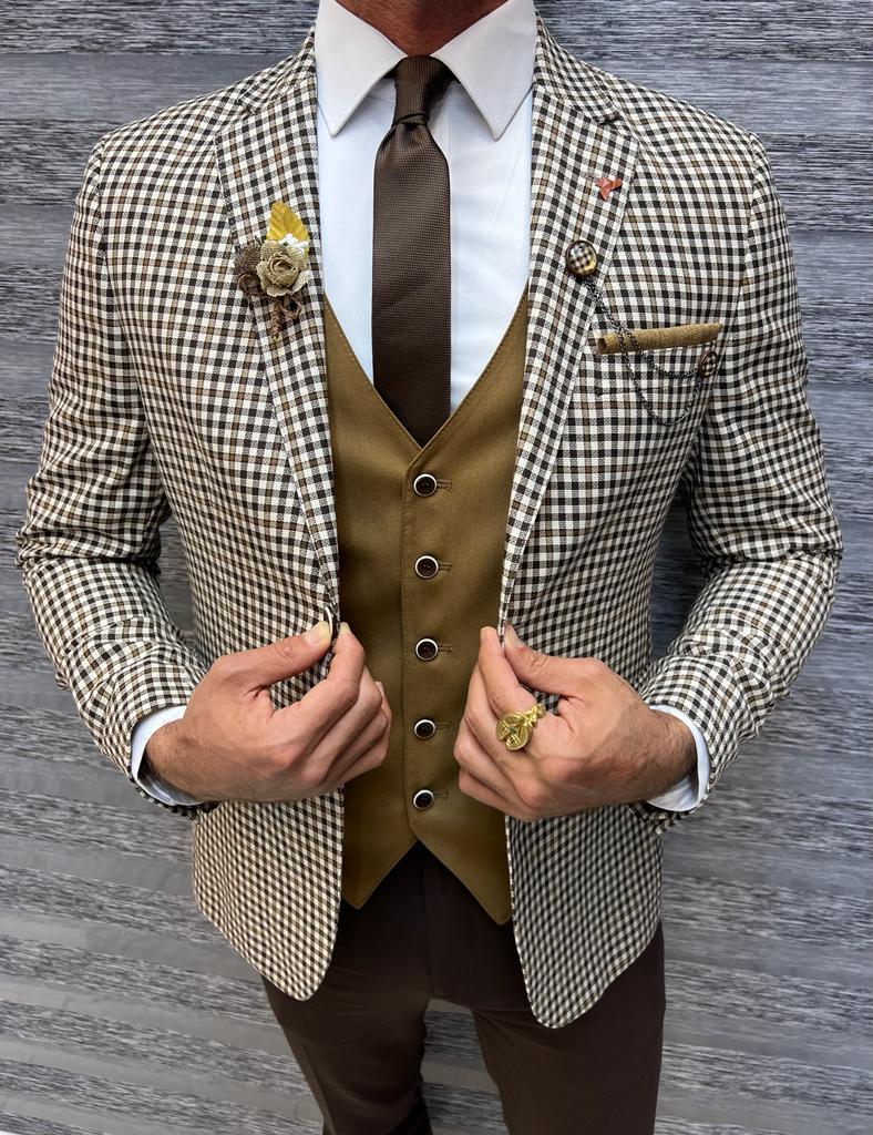 Sorento Brown Slim Fit Notch Lapel Plaid Suit