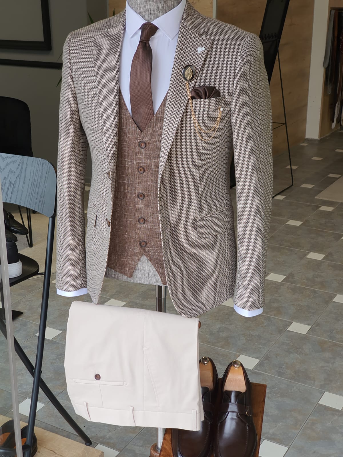 Acacia Beige Slim Fit Notch Lapel Suit