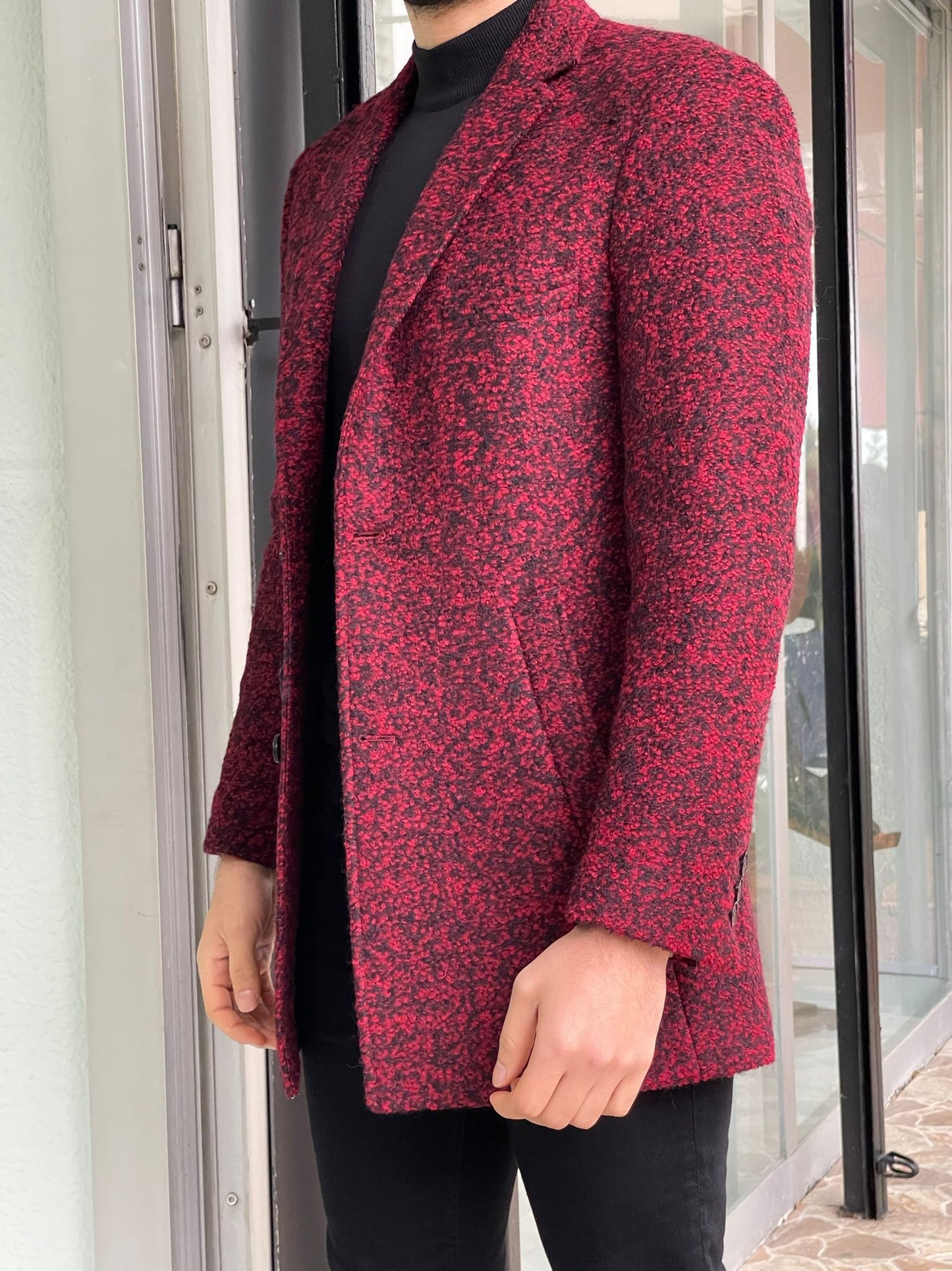 Davis Red Patterned Wool Coat