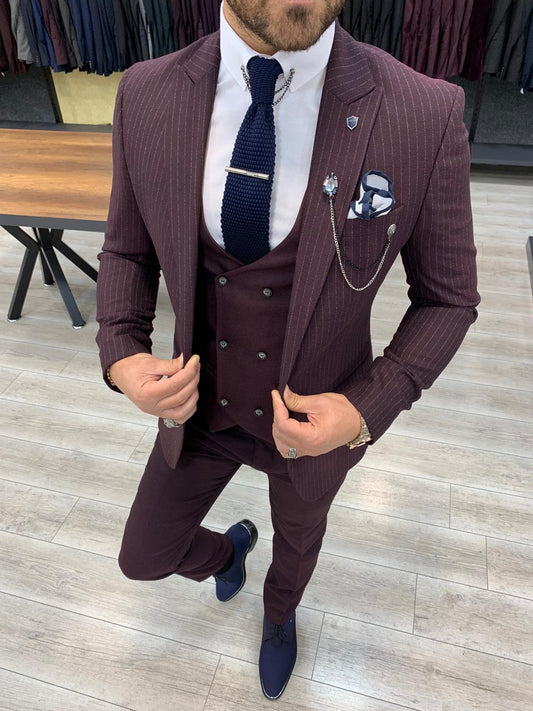 London Burgundy Slim Fit Pinstripe Suit