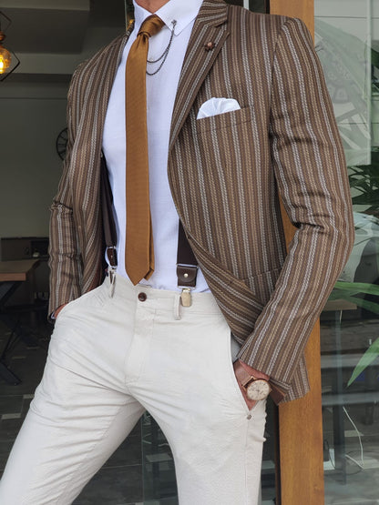 Montreal Brown Slim Fit Striped Blazer