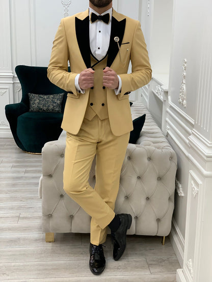 Eden Yellow Slim Fit Velvet Peak Lapel Tuxedo