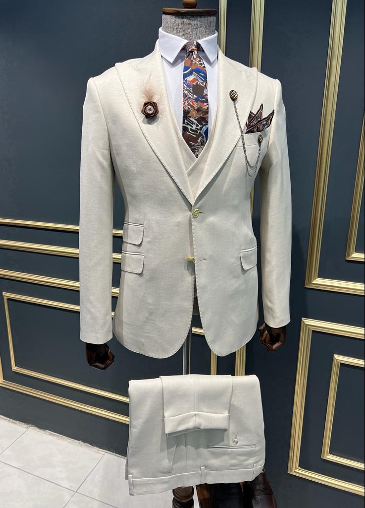 Bensen Slim Fit Double Pocket Beige Detailed Suit