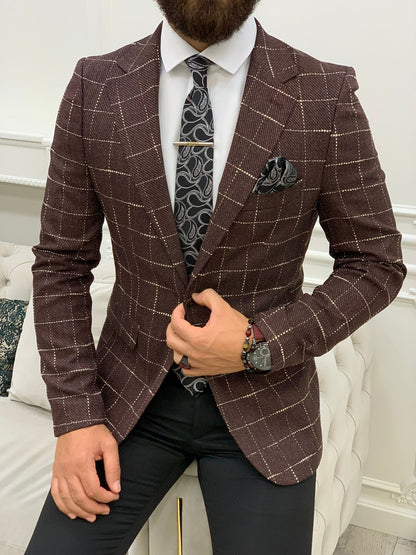 Serra Burgundy Slim Fit Plaid Blazer