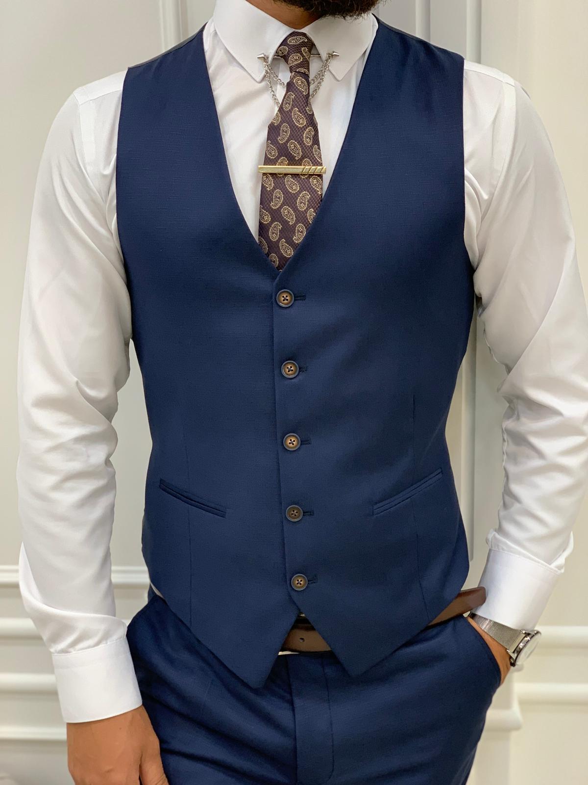 Slim Fit 2 Button Men Plaid Windowpane Navy Blue Suit Notch Lapel AZAR MAN  18335