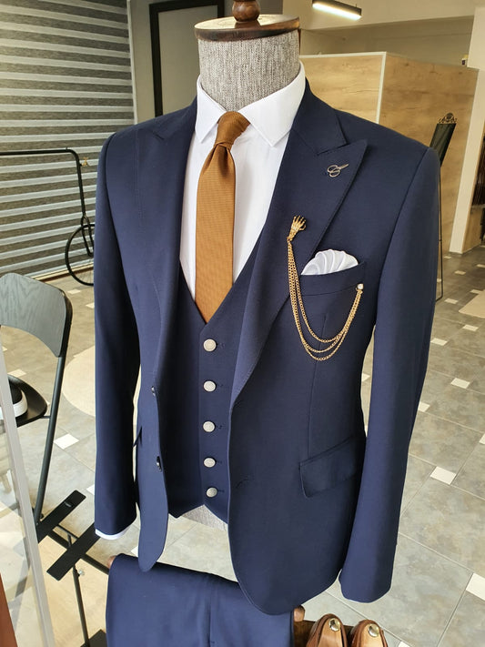 Boston Navy Blue Slim Fit Cotton Suit