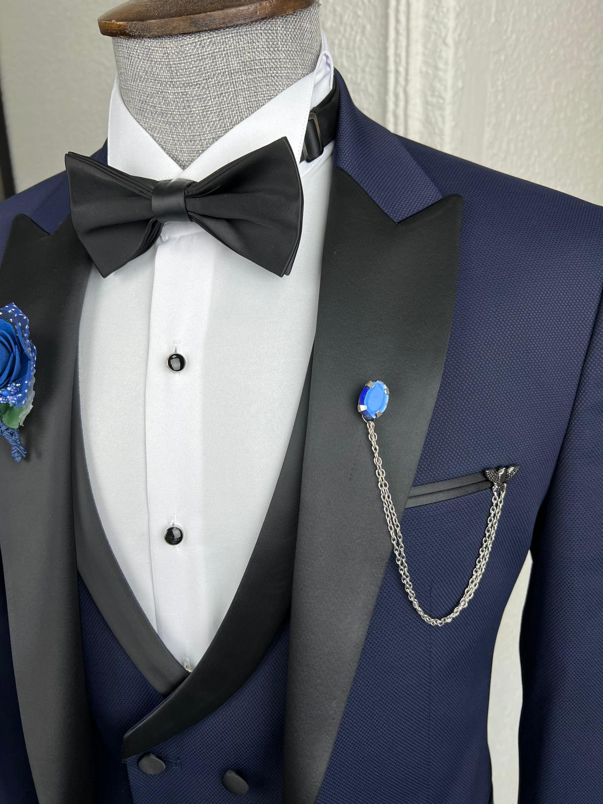 Bensen Slim Fit Patterned Navy Blue Dovetail Collared Tuxedo