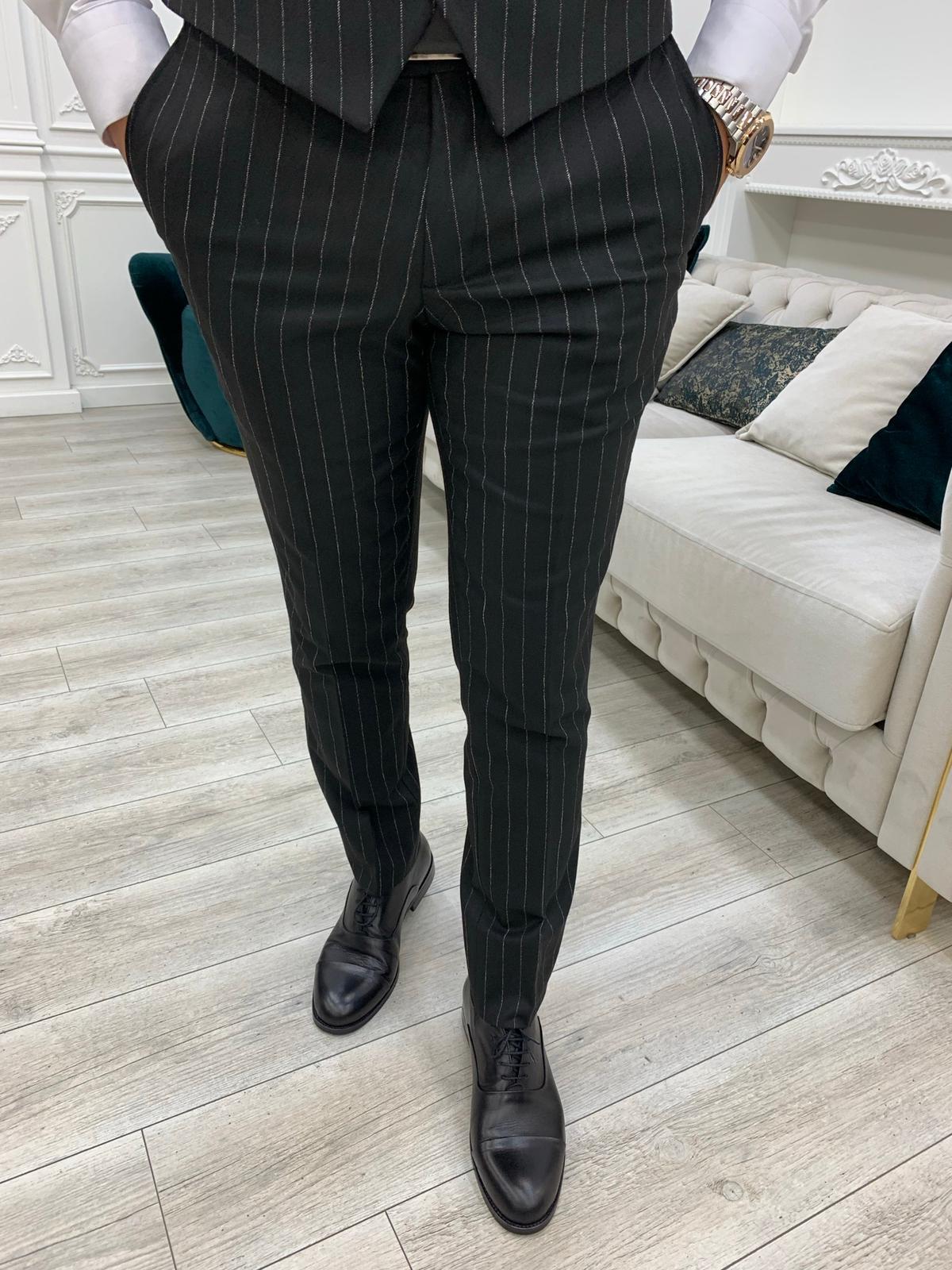 Lagos Black Slim Fit Peak Lapel Pinstripe Suit