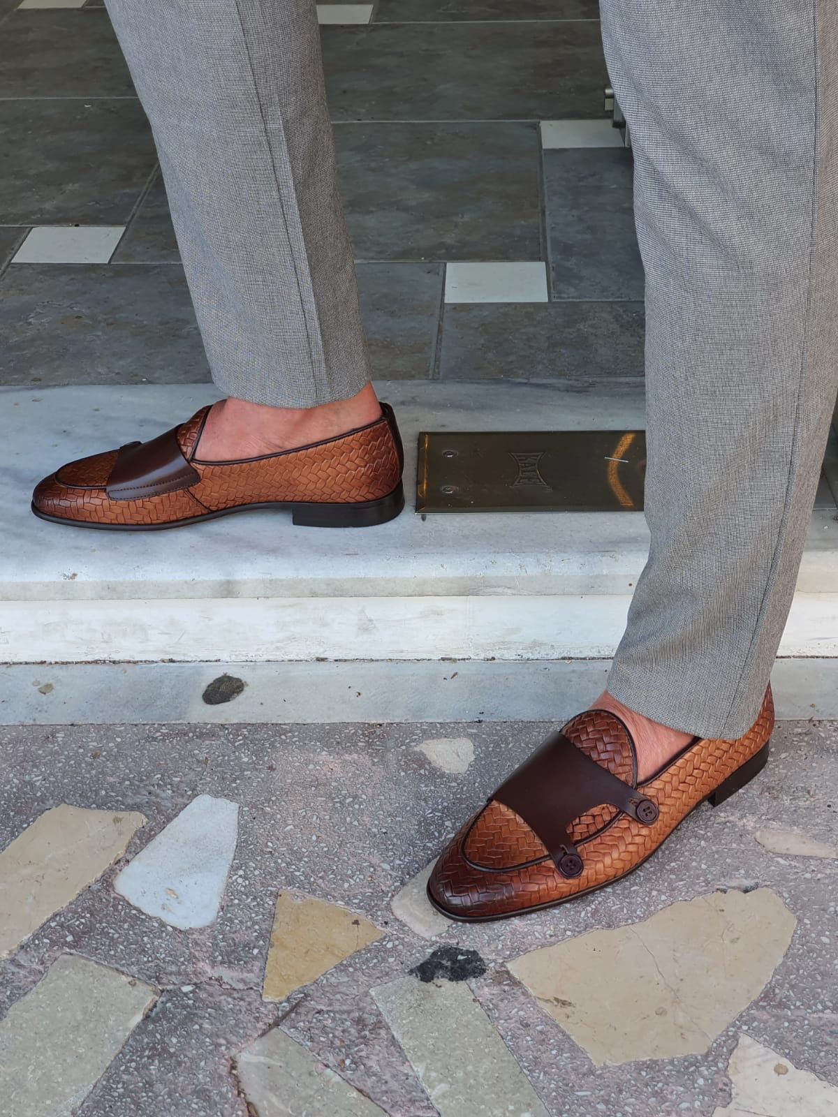 Bristol Tan Woven Leather Double Monk Strap Loafers