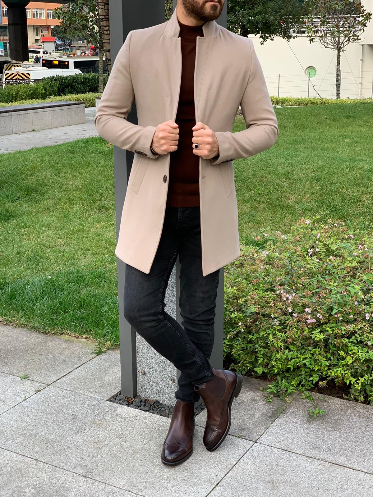 Kenzie Beige Slim Fit Wool Long Coat Stylish Winter Essential for Men BRABION