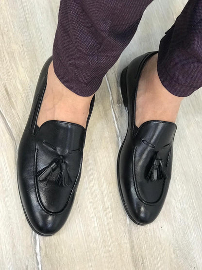 Tassel Leather Black Loafers for Men