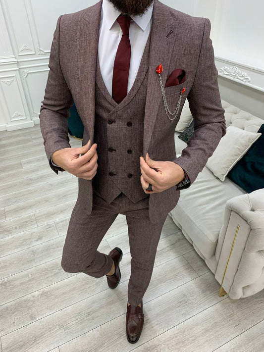 Bergen Burgundy Slim Fit Peak Lapel Crosshatch Suit