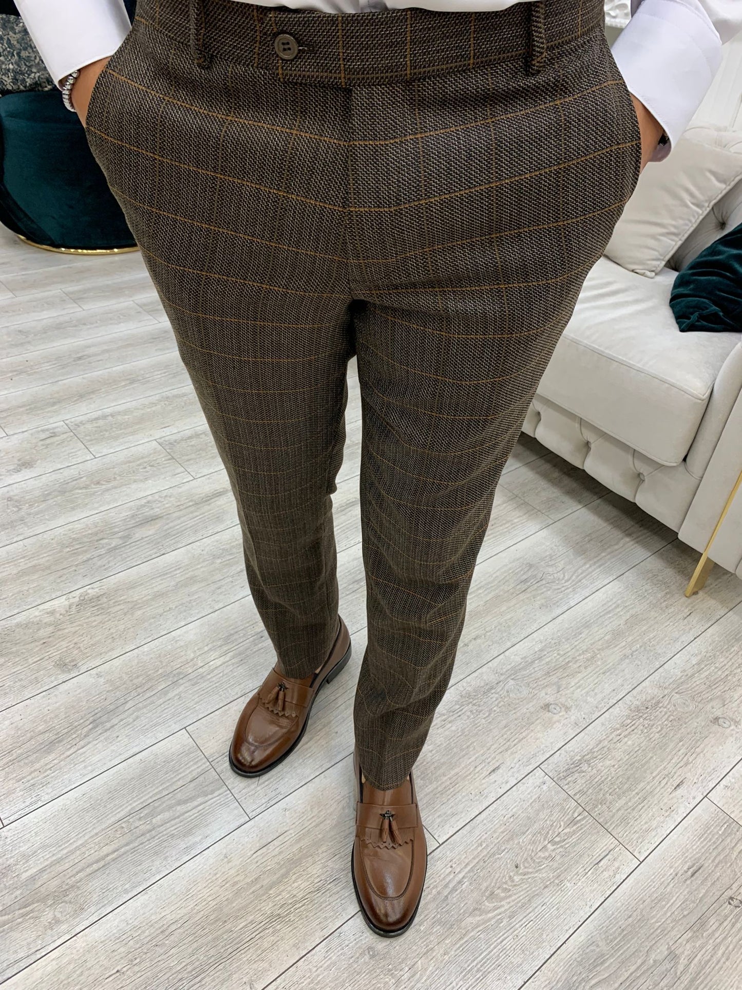 Rosario Brown Slim Fit Double Breasted Plaid Suit