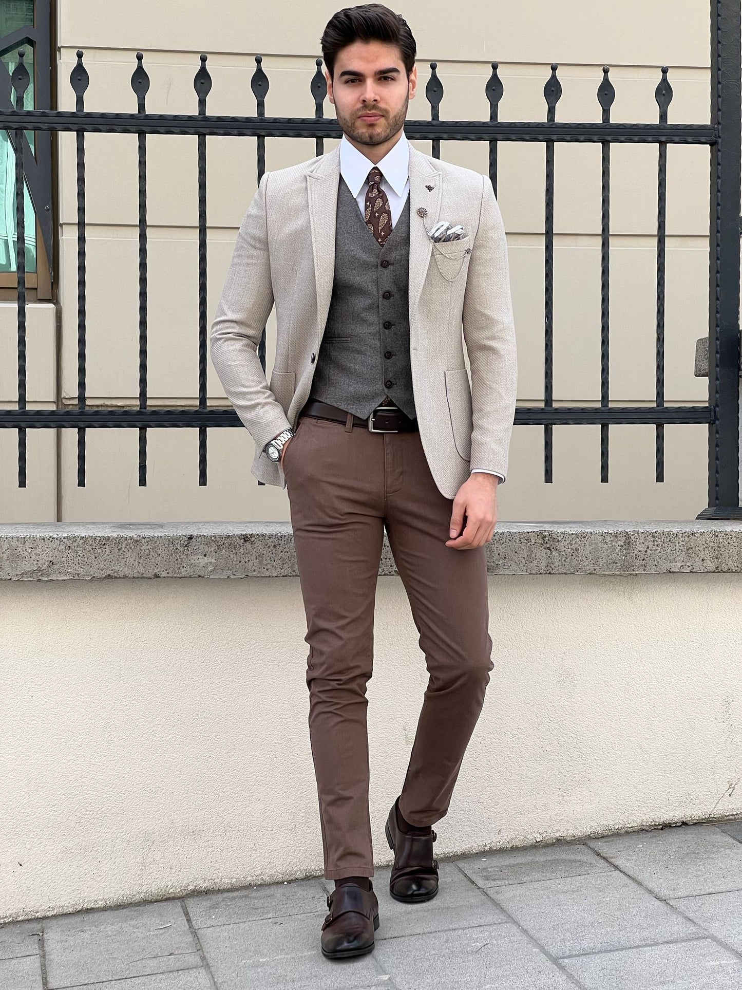Edmond Beige Slim Fit Peak Lapel Combination Wool Suit