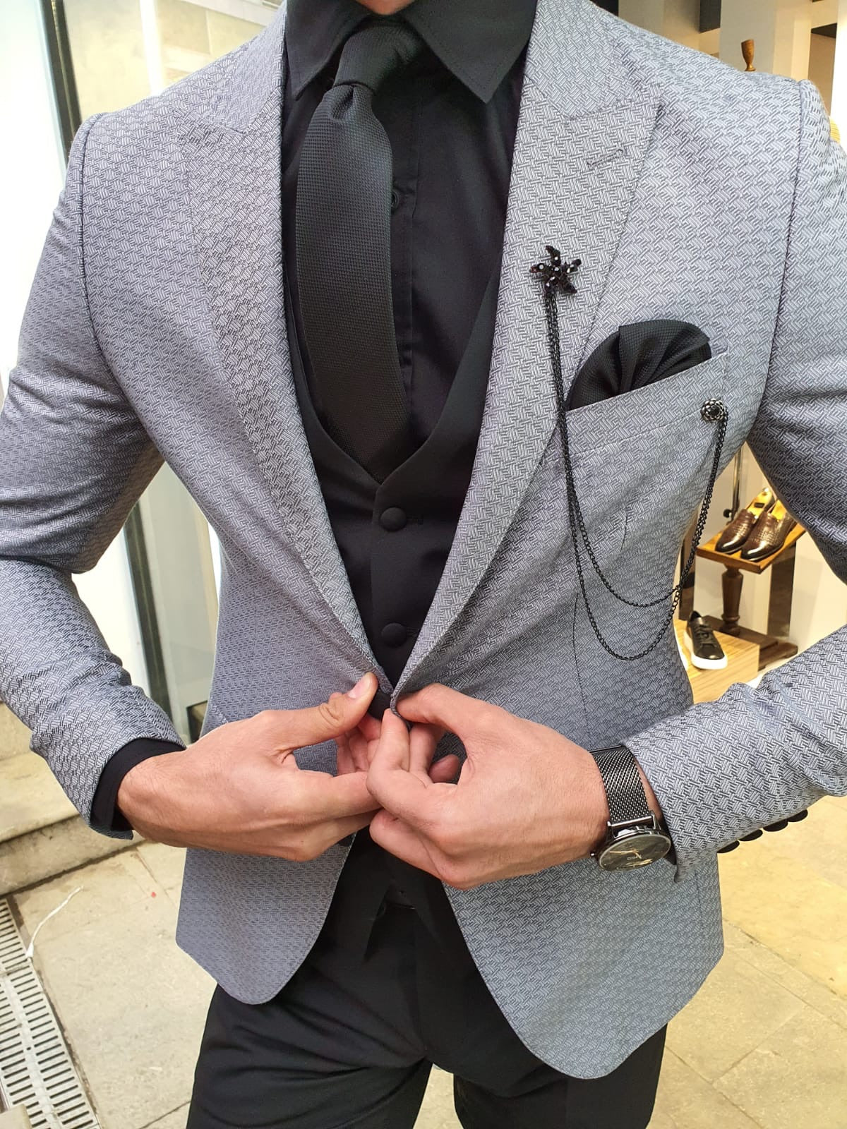 VillaNova Gray Slim Fit Patterned Suit – BRABION