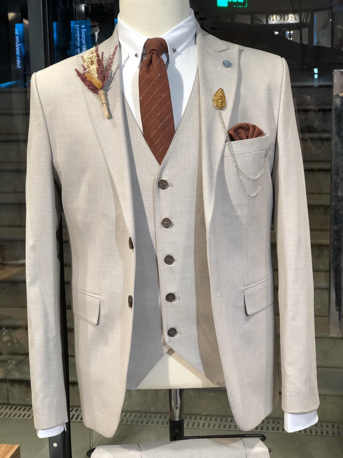 Olympia Beige Slim Fit Suit