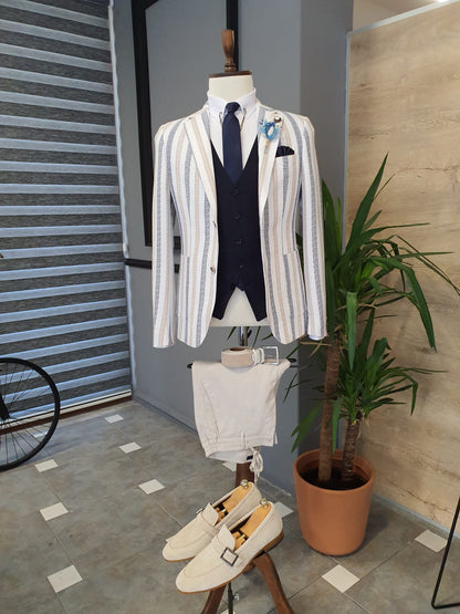 Berton Camel Slim Fit Striped Notch Lapel Cotton Suit