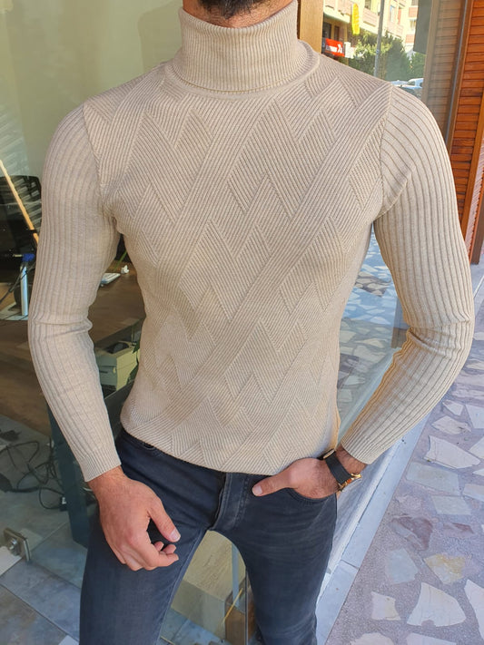 Edmond Beige Slim Fit Turtleneck Sweater