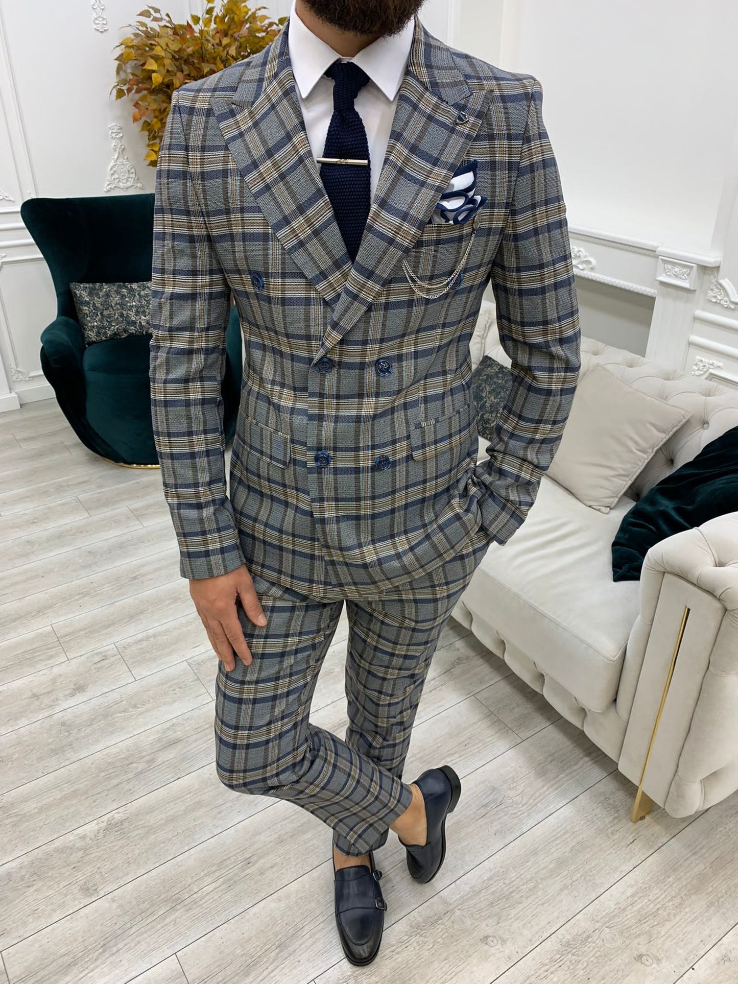 Vince Navy Blue Slim Fit Double Breasted Plaid Suit