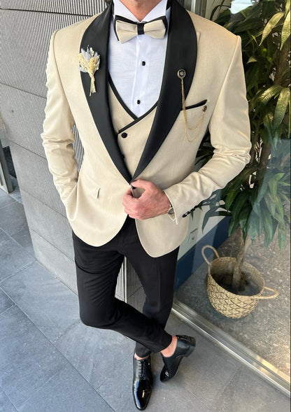 Bensen Slim Fit Mono Collared Beige Groom Suit
