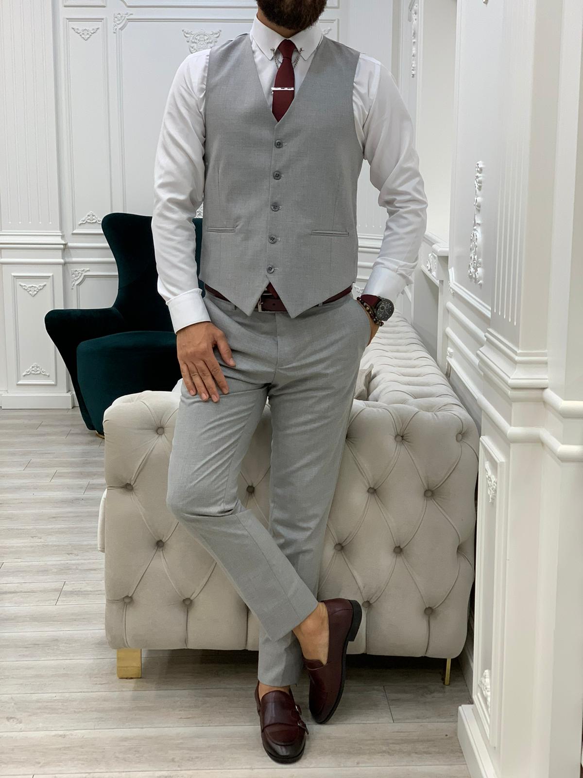 Barrua Gray Slim Fit Peak Lapel Striped Suit