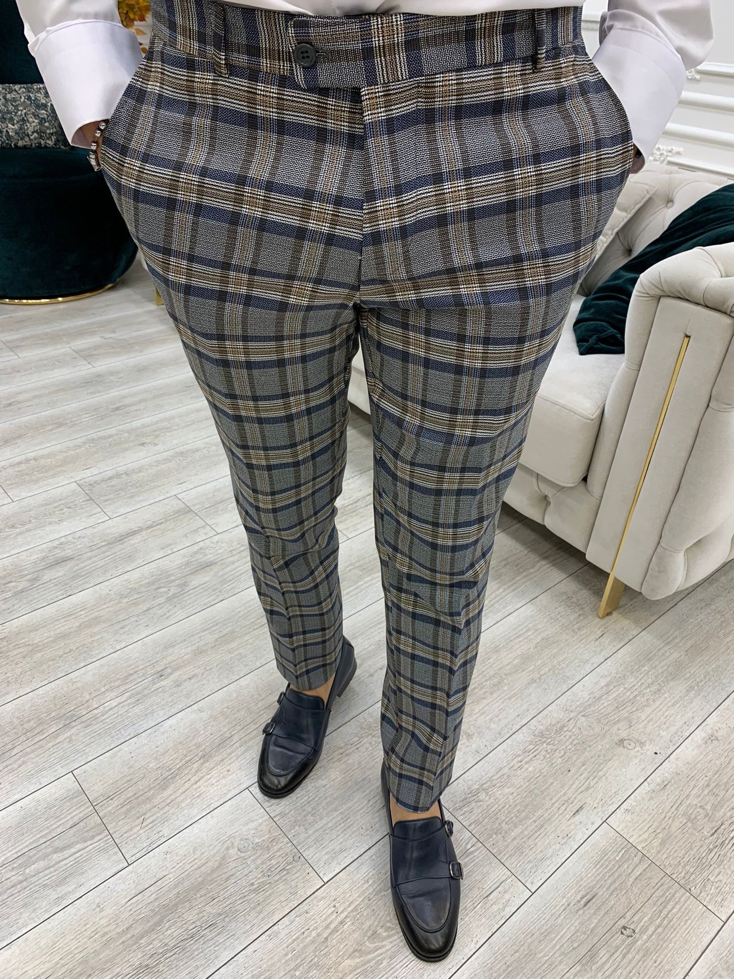 Vince Navy Blue Slim Fit Double Breasted Plaid Suit