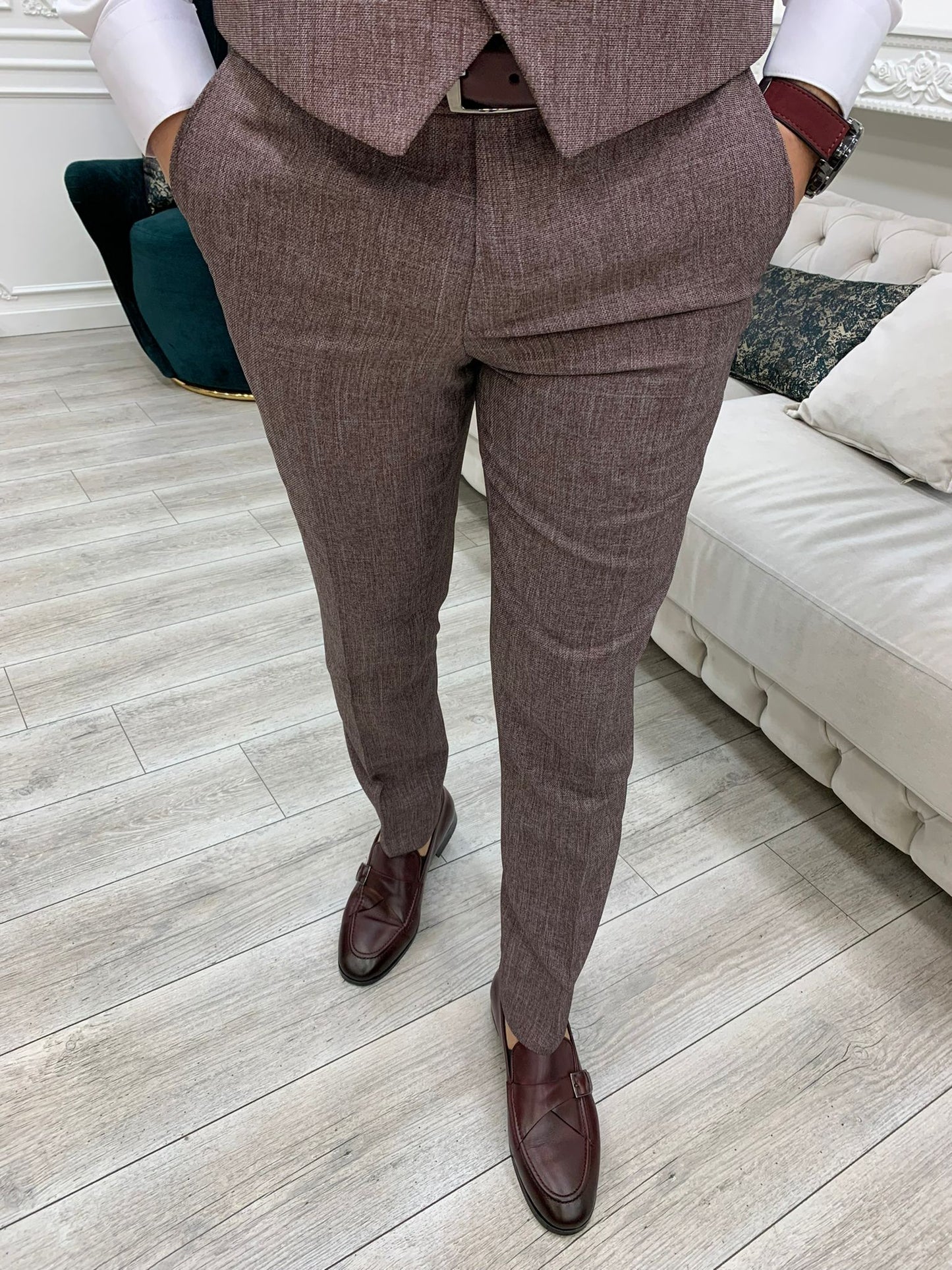Bergen Burgundy Slim Fit Peak Lapel Crosshatch Suit