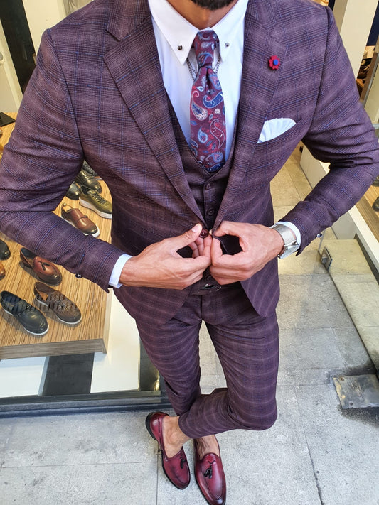 Orem Burgundy Slim Fit Plaid Suit